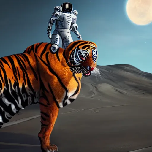 Image similar to A hyper real comic book style portait painting of futuristic robot on riding a real tiger on the moon, unreal 5, hyperrealistic, octane render, cosplay, RPG portrait, dynamic lighting