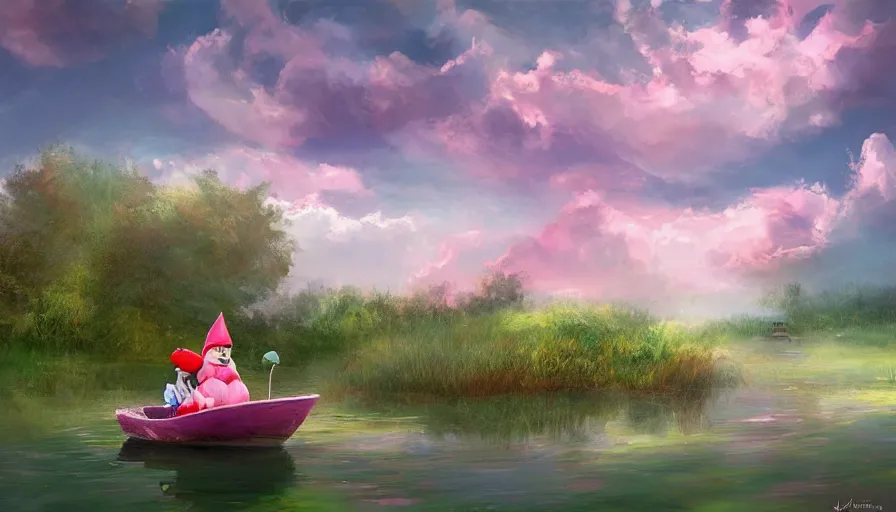Image similar to a garden gnome sails across a pond in a bucket, dramatic pink clouds, blue sky, jessica rossier, art station