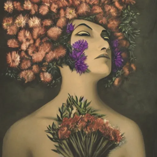 Image similar to portrait of a Smokey woman made of flowers and smoke