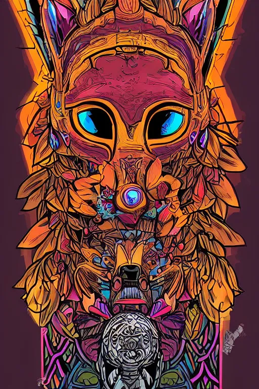 Image similar to animal mask totem roots flower tribal feather gemstone plant wood rock shaman vodoo video game vector cutout illustration vivid multicolor borderlands comics by josan gonzales and dan mumford radiating a glowing aura