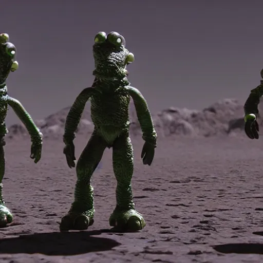 Prompt: 1 9 7 6 synthetic plastic, shiny monsters with large eyes, standing on a martian landscape, cinematic movie scene, inspired by the movie the fifth element and'fraggle rock ', hyperrealistic, fine details, octane render