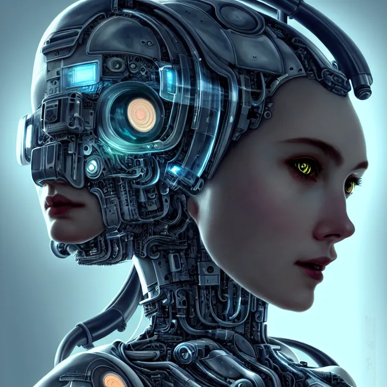 Image similar to ultra detailed, Mechanical Cyberpunk Female Android, looking into the camera!!, intricate, elegant, super highly detailed, professional digital painting, artstation, concept art, smooth, sharp focus, no blur, no dof, extreme illustration, Unreal Engine 5, Photorealism, 8k, cinematic, art by artgerm and greg rutkowski and alphonse mucha and loish and WLOP