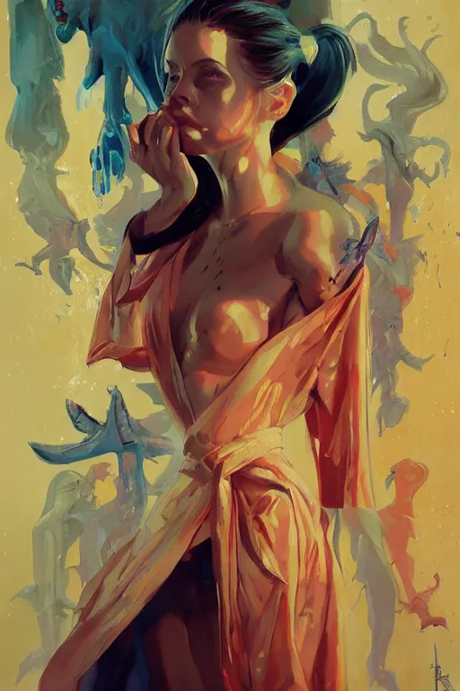 Prompt: portrait of a girl in a silk robe surrounded in mutants and strange creatures, by Jeff Simpson and Simon Bisley