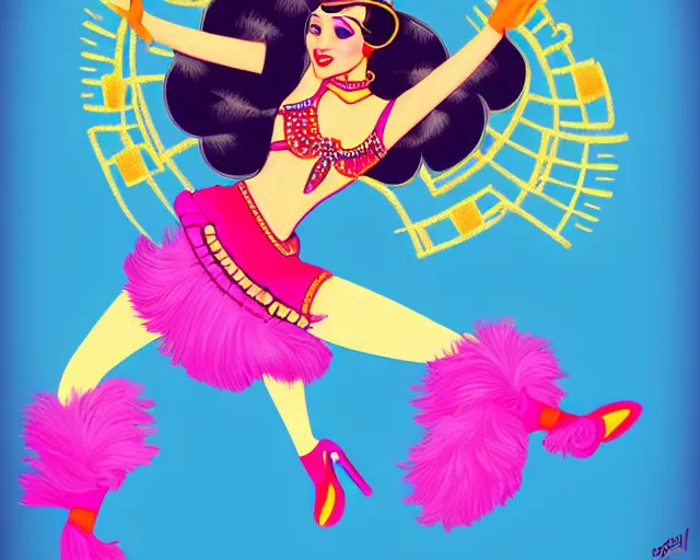 Image similar to teenage cher as a cancan dancer in art deco style, champagne commercial, artstation, illustration, bright, cheerful, detailed and intricate environment