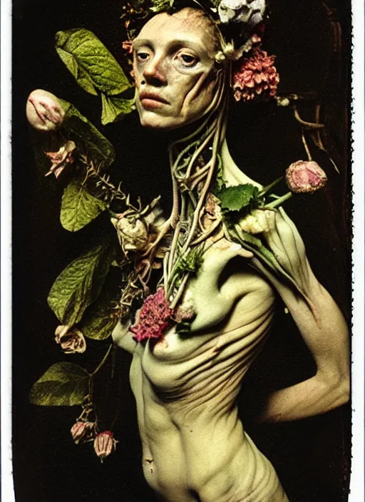 Image similar to beautiful and detailed rotten woman made of plants and many different types of flowers, muscles, intricate, organs, ornate, surreal, john constable, guy denning, gustave courbet, caravaggio, 1 9 1 0 polaroid photo