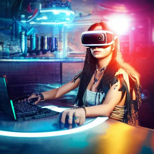 Image similar to a high quality portrait of a beautiful stunning pirate in a cyberpunk cyberpunk cyberpunk cafe wearing a VR visor, realism, 8k, award winning photo