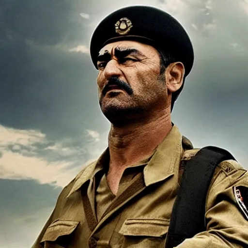 Image similar to kurdish general in a movie directed by christopher nolan, movie still frame, promotional image, imax 7 0 mm footage, strong and imposing