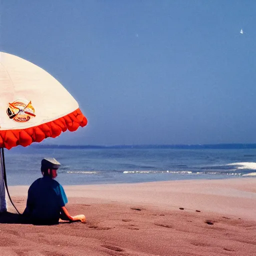 Image similar to a beautiful photo of an astronaut on the beach under a beach umbrella, summer sun, 1 9 7 0, soft light, morning light, photorealistic, realistic, octane, 8 k, cinematic shot