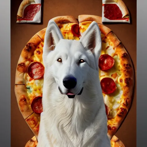 Image similar to detailed photo of a white shepherd statue made of pizza, various posed, full body, studio light, 8 k, photorealism, intricate detail, museum diffuse lighting