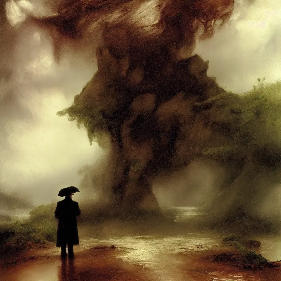 Image similar to artwork about a lonely man during a rainstorm, rainy day, painted by thomas moran and albert bierstadt. monochrome color scheme.