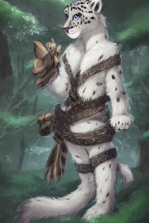 Image similar to an anthropomorphic medieval snow leopard with a fluffy tail in the forest, trending on artstation, trending on furaffinity, digital art, by kawacy, anime, furry art, warm light, backlighting