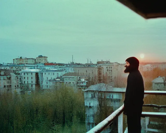 Image similar to award - winning lomographic tarkovsky film still of 4 0 years russian man with beard and sweater standing on small hrushevka 9 th floor balcony in taiga looking at sunset, kodak ektar, bokeh