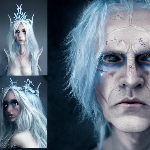 Prompt: the frightening archfey called'the prince of frost ', fantasy, white hair, blue skin, wild eyebrows, middle - age, elf, crown, hard edges, soft lighting, professional lighting, trending on cgsociety