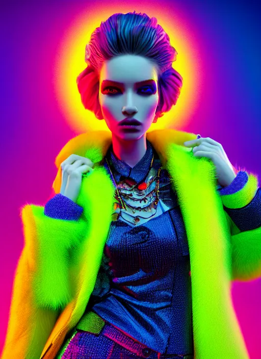 Image similar to coat for a rave, bright colors, many details, prints, photo for a magazine, photo for a store, fashion photography, Vogue, 135 mm, cinematic, hyper realism, high detail, octane render, 8k, chrome accents, very coherent symmetrical artwork, perfect face model, full length photo