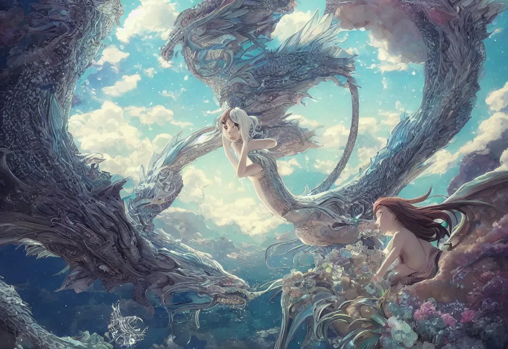 Image similar to the beautiful hyper detailed scene render that a lonely single beautiful girl lies in the arms of a huge silver dragon alone in the fairyland surrounded by white clouds, in the style of makoto shinkai victo ngai and peter mohrbacher studio ghibli artgerm karol bak beeple, animation style, 8 k hd, dream, ultra wide angle, animation style