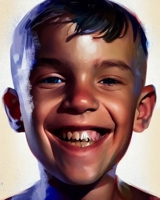 Image similar to painting, of smiling boy, shards of time, face portrait, centered portrait, medium full shot, illustration, highly detailed, simple, no jagged lines, smooth, artstation, artwork by obey, artwork by sandra chevrier