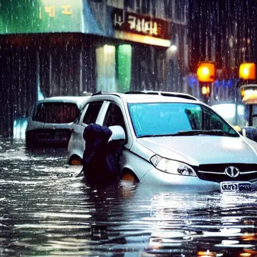 Image similar to seoul city is flooded by heavy rain. A guy with suit is sitting on the top of the A car is middle of the street flooded. Shinkai Makoto Ghibli anime style