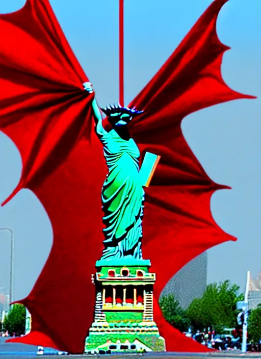 Image similar to woman dressed like lady liberty sitting on a red dragon