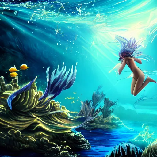 Image similar to Wallpaper Flare HD wallpaper: fantasy art underwater original characters falling divers water sunlight, galaxy,