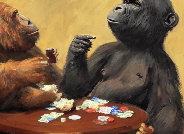 Prompt: gorrila with a bear, playing poker highly detailed beautiful, by gregory manchess, james gurney, james jean