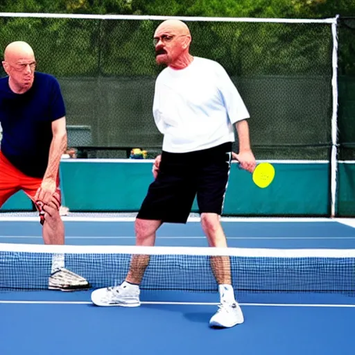 Image similar to walter white and saul goodman playing pickleball, ultra realistic, photorealistic, cinematic