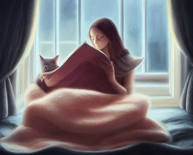 Prompt: a realistic beautiful warm matte painting of a woman curled up with a blanket reading a good book next to her friendly cat who is purring with eyes closed. they are both sitting next to a window as the sun sets in winter, by ross tran, trending on artstation