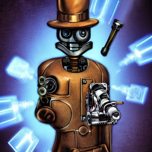 Image similar to a portrait of a robot holding a revolver, steampunk, holographic