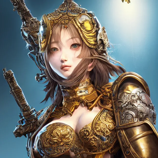 Image similar to studio portrait of lawful good colorful female holy shield paladin as absurdly beautiful, elegant, young sensual gravure idol, ultrafine hyperrealistic detailed face illustration by kim jung gi, irakli nadar, intricate linework, sharp focus, bright colors, matte, octopath traveler, final fantasy, unreal engine highly rendered, global illumination, radiant light, intricate environment