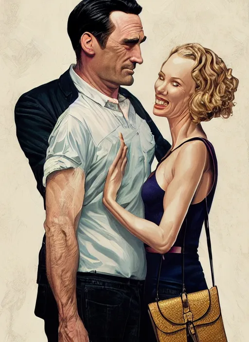 Prompt: poster artwork by Michael Whelan and Tomer Hanuka, Karol Bak of Naomi Watts & Jon Hamm husband & wife portrait, in the pose of 'Laughing Couple with a Money Purse' painting, from scene from Twin Peaks, clean, simple illustration, nostalgic, domestic, full of details