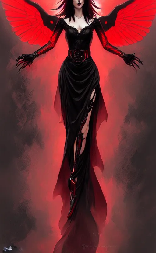 Image similar to Female dark angel in gothic red and black dress, their black wings are extended, highly detailed, digital painting, artstation, concept art, smooth, sharp focus, illustration, art by artgerm and greg rutkowski and alphonse mucha