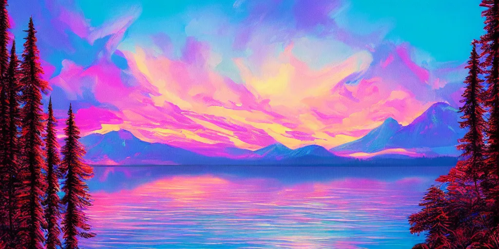 Prompt: beautiful award winning synthwave painting of a canadian lake, extreme detail, digital art, 4 k, ultra hd