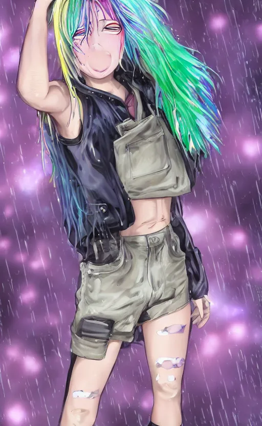 Prompt: anime, grungy woman with rainbow hair, drunk, angry, soft eyes and narrow chin, dainty figure, long hair straight down, torn overalls, skimpy shorts, combat boots, fishnet stockings, basic white background, side boob, in the rain, wet shirt, symmetrical, single person, style of by Jordan Grimmer and greg rutkowski, crisp lines and color,