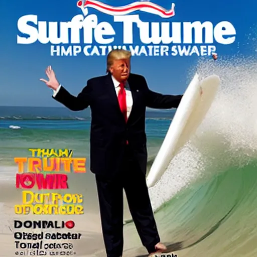 Image similar to donald trump catching a wave, cover of surfer magazine, july 2 0 1 1