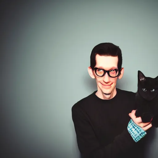 Prompt: portrait of neil cicierega without glasses holding his cat in the dark, red lighting on their faces, black background, nighttime, their right eyes are shining brightly like a star, it's dark, the background is black