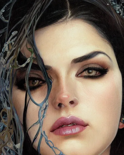 Image similar to portrait of a tall 4 0 - year - old woman with thin lips, long, voluminous black hair, and thick eyebrows, wearing in black clothes, hyper realistic face, beautiful eyes, close up, fantasy art, in the style of greg rutkowski, intricate, alphonse mucha, hyper detailed, smooth