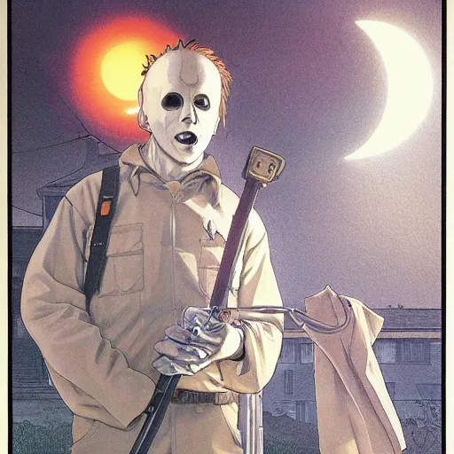 Prompt: michael myers in outside the myers house, halloween night, finely illustrated pale mask, moon light, shrubs, highly detailed, colored pencil, gainax, tankobon, in the style of ilya kuvshinov and yoshiyuki sadamoto and william - adolphe bouguereau and alphonse mucha