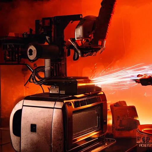 Image similar to cyborg toaster oven repairman, dark messy smoke - filled cluttered workshop, dark, dramatic lighting, orange tint, sparks, plasma rays, cinematic, highly detailed, sci - fi, futuristic, movie still, rule of thirds composition