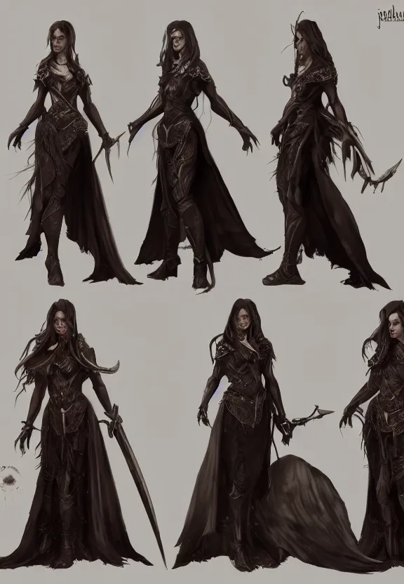 Prompt: dark fantasy female character profile realistic concept art by Julia Helen Jeffrey