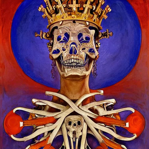 Image similar to the crown of madness and bones, by Annie Swynnerton and Nicholas Roerich and Diego Rivera, bioluminescent skin, elaborate costume, geometric ornament, symbolist, cool colors, dramatic cinematic lighting, smooth, sharp focus, extremely detailed