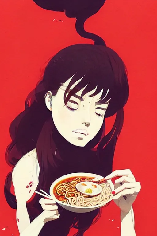 Image similar to a ultradetailed beautiful painting of a stylish woman eating ramen, by conrad roset, greg rutkowski and makoto shinkai trending on artstation