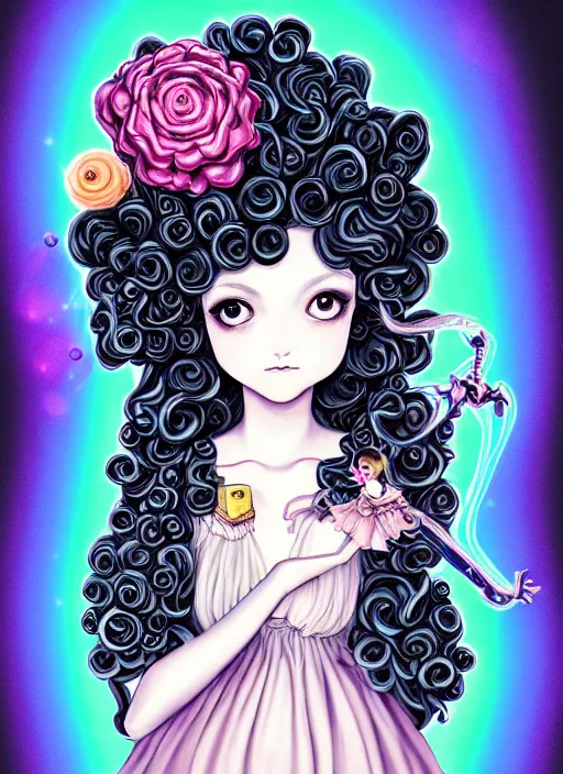 Image similar to dark fantastic illustration of beautiful girl witch with a robot, curls hair, rococo ruffles dress, rosette, symmetrical face, pastel rainbow, pearlescent, cute, fairy, rim light, detailed background, by mai yoneyama, rolua, manga, artstation, concept art, highly detailed, colorful, maximalist