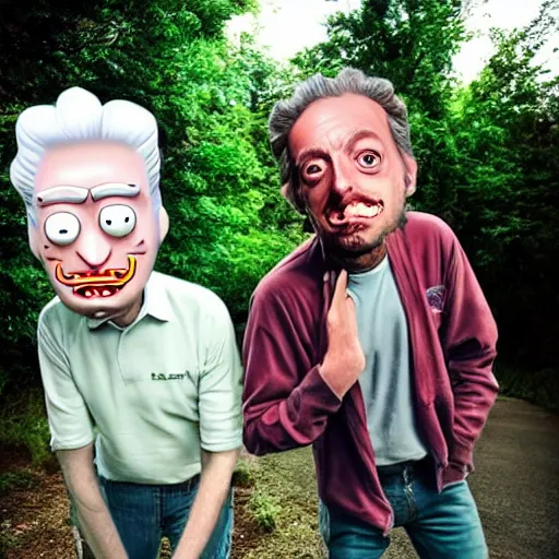 Image similar to real humans that look like rick and morty, photography, realistic