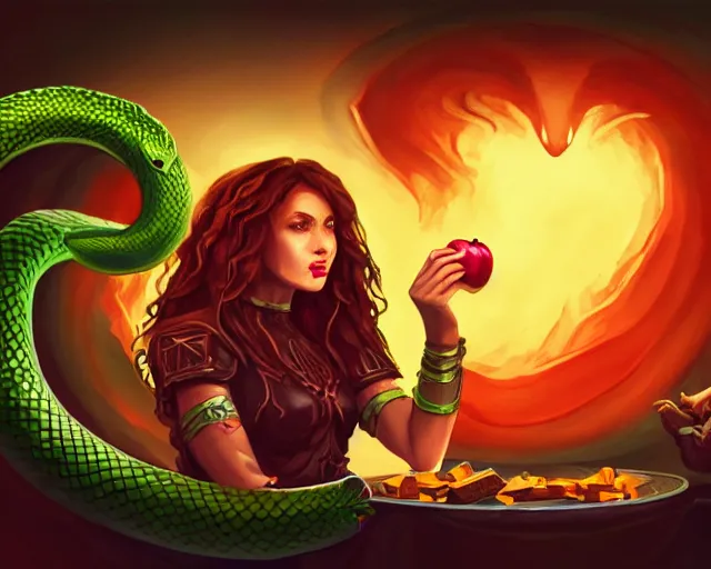 Image similar to eve eating apple satan snake esports logo vector art, logo design, esports, deep focus, d & d, fantasy, intricate, elegant, highly detailed, digital painting, artstation, concept art, matte, sharp focus, illustration, hearthstone,