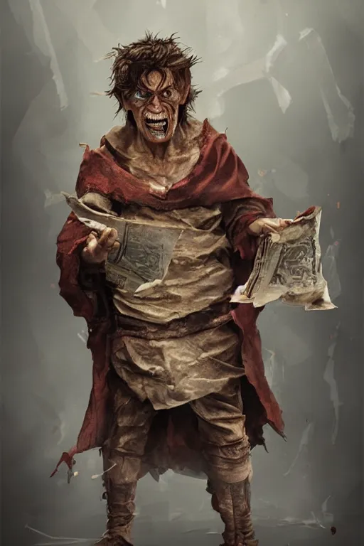 Image similar to A deranged tiny filthy halfling looking like Willem Dafoe wearing long dark damaged ripped robes showing a magic paper scroll, camera looking down upon, long fingernails, unclipped fingernails, sharp fingernails, focus on face, sharp focus, digital painting, trending on artstation, concept art, fantasy, medieval