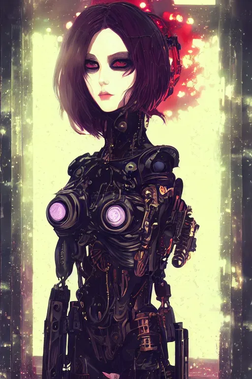 Prompt: portrait of beautiful young gothic cyborg anime maiden. cyberpunk, Warhammer, highly detailed, artstation, illustration, art by Ilya Kuvshinov and Gustav Klimt