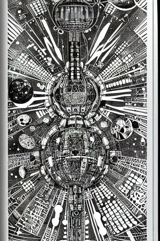 Image similar to a black and white drawing of an international space station, bioluminescence, a detailed mixed media collage by eduardo paolozzi and ernst haeckel, intricate linework, sketchbook psychedelic doodle comic drawing, geometric, deconstructivism, matte drawing, academic art, constructivism