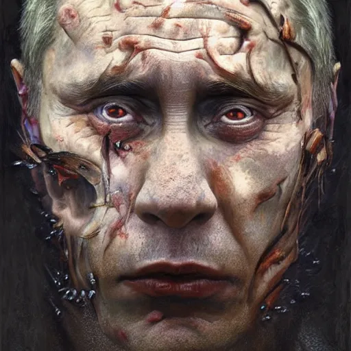 Prompt: a portrait of vladimir putin's whole face made of worms and maggots, macabre, horror, by donato giancola and greg rutkowski and wayne barlow and zdzisław beksinski, realistic face, visible face, digital art, artstation, symmetry