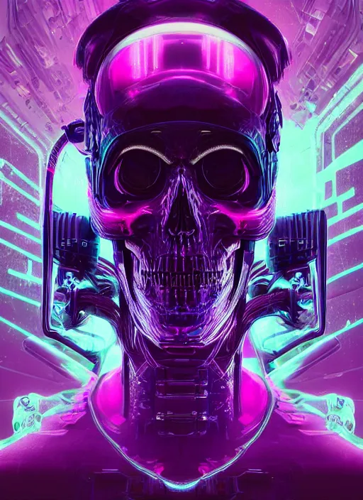 Prompt: album art of a futuristic skull with glowing eyes and a purple background, cyberpunk art by android jones, behance contest winner, computer art, darksynth, synthwave, rendered in cinema 4 d