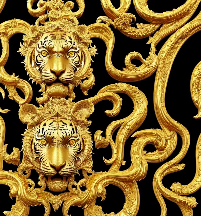 Image similar to beautiful portrait of a large ornate and intricate rococo carved marble and gold tiger face, 3 d, photorealistic, symmetric, front facing, centered, hyper detailed, gold plated on black background, wallpaper, detailed and intricate emblem, baroque medallion,