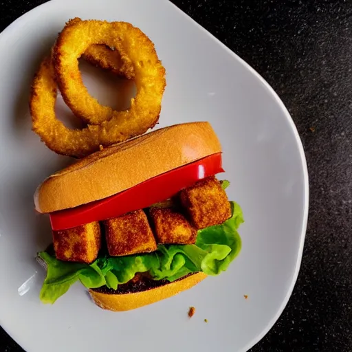 Prompt: sandwich with fried tofu, one red tomato slice, mayonnaise, one fried onion ring, smashed avocado, melted cheddar, in a red dish, background with saturn and stars in the sky